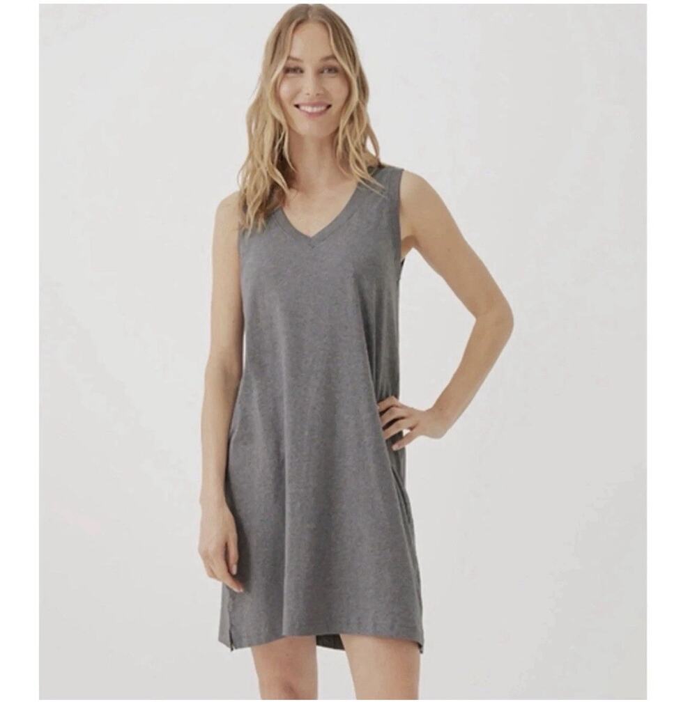 PACT Organic Cotton V Neck Sleeveless Tank Mini Dress M Heather Gray Minimalist